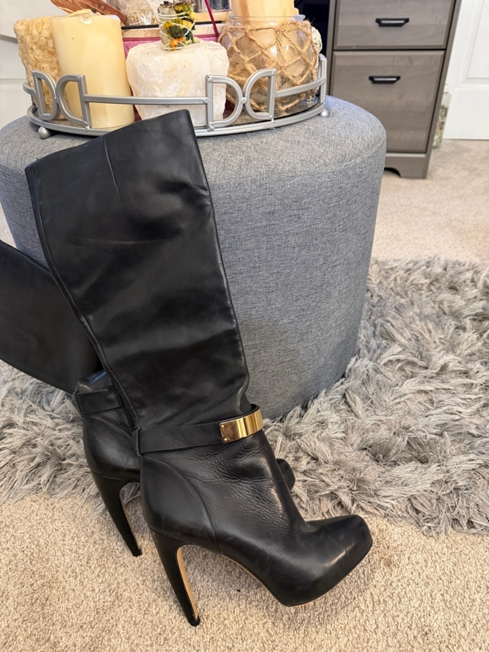 Sam Edelman Black Leather High-Heel Knee Boots with Gold Accent